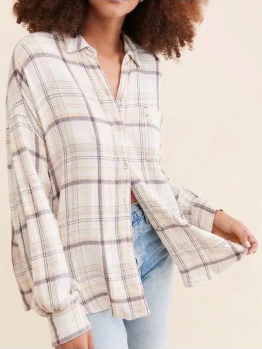Free People We The Free Women’s Plaid Oversized Shirt Sz L Boho Button Relaxed